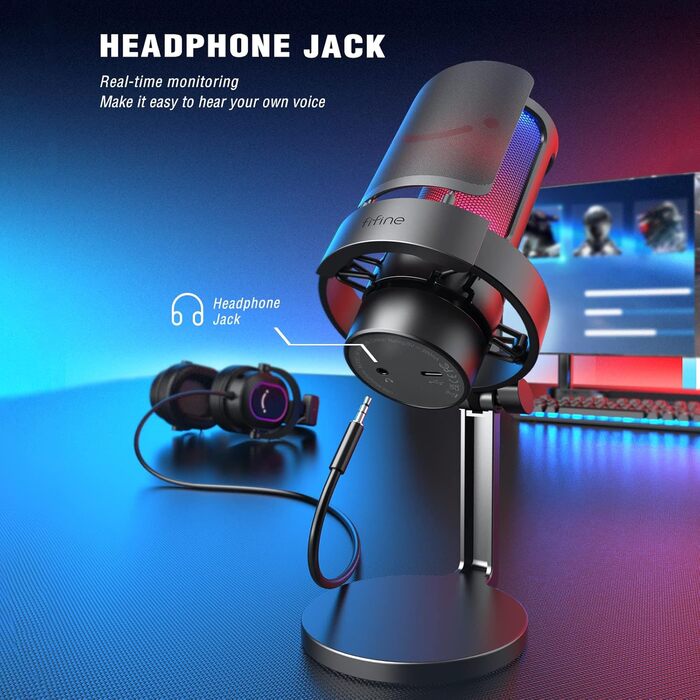 FIFINE USB мікрофон для ПК, геймінгу, стрімінгу та запису, з RGB підсвічуванням, PS4/PS5, MAC, з поп-фільтром, чорний