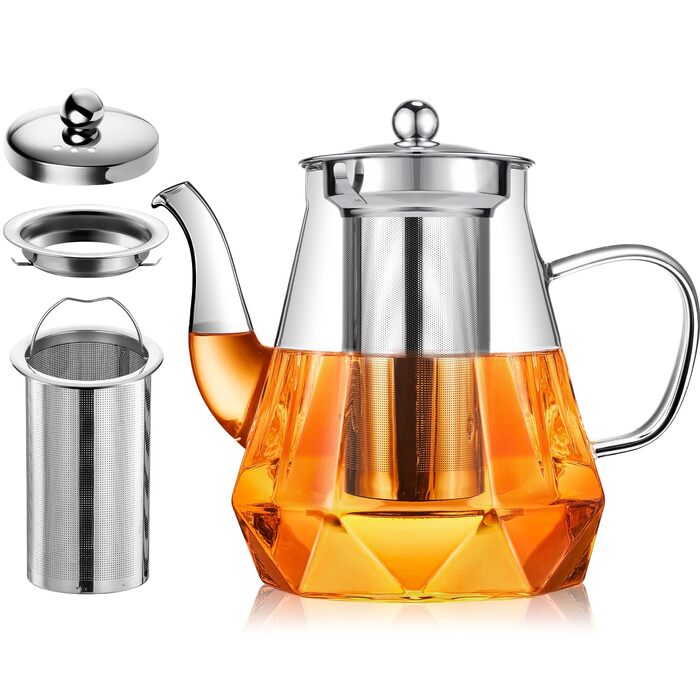 Скляний чайник для чаю STNTUS 1.2л з ситечком та підігрівачем з нержавіючої сталі, заварник для листового чаю