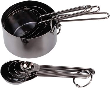 8-Piece Measuring Cup and Spoon Set, Measuring Spoons and Cups Made of Food-Grade Stainless Steel with Scale, Small Measuring Cups with Angled Spout (338g - Black)