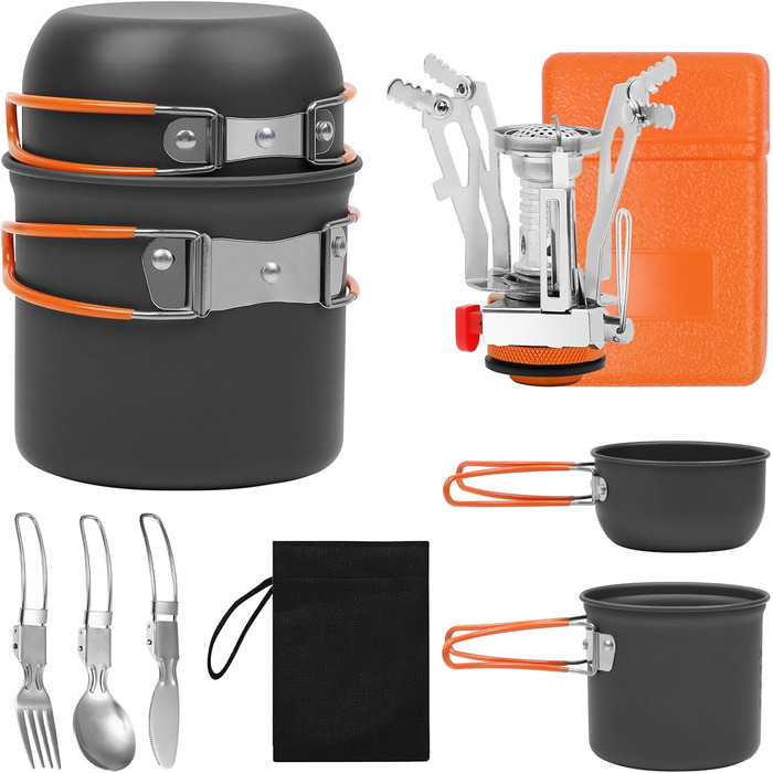 Набір посуду для кемпінгу Biliple 8-piece: каструля, сковорідка, газовa плитка, столові прибори для 1-2 осіб. Ідеально для пікніків, походів та кемпінгу.