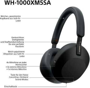 Навушники Sony WH-1000XM5 чорні: бездротові, з шумозаглушенням, Bluetooth, Hi-Res Audio, до 30 год роботи, для iOS та Android + жорсткий кейс