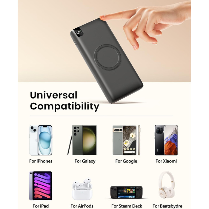 Power Bank BRENCIL 27000mAh з бездротовою зарядкою 15W, PD/QC, USB-C, чорний