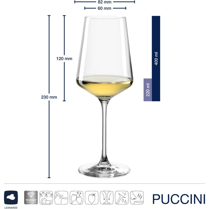 Набір келихів для вина LEONARDO HOME PUCCINI (6 шт), 400 мл, ударостійкі, для білого вина, з серветкою, можна мити в посудомийній машині