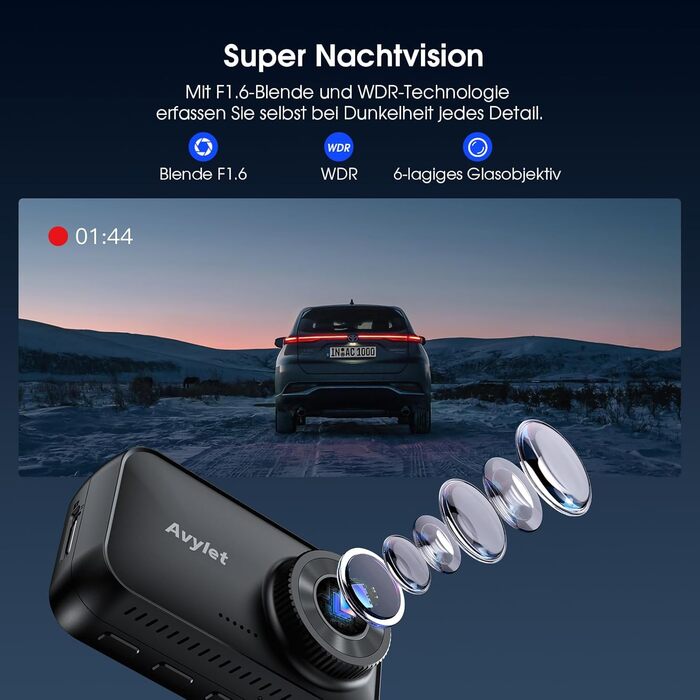 Автомобільний відеореєстратор Avylet 4K/2.5K+1080P з передньою та задньою камерами, 64GB SD карта, 5GHz WiFi, ADAS, 2.7