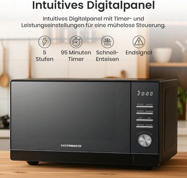 Мікрохвильова піч HMW-MD25DMRBK Mirror Black, 25 л, 800 Вт, 5 рівнів потужності, таймер, функція розморожування, чорний колір, поворотний піднос 28,5 см, 3 роки гарантії