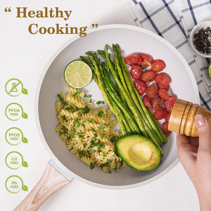 Набір каструль та сковорідок, 12 предметів, з антипригарним покриттям, індукційний, з граніту, без PFOA та PFOS, з силіконовими аксесуарами (білий)