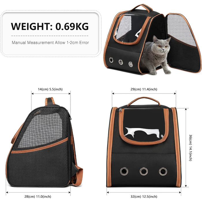 Рюкзак для кота та собаки до 5,9 кг, переноска для тварин з сітчастим вікном, дихаючий рюкзак для подорожей з домашніми тваринами (чорний)