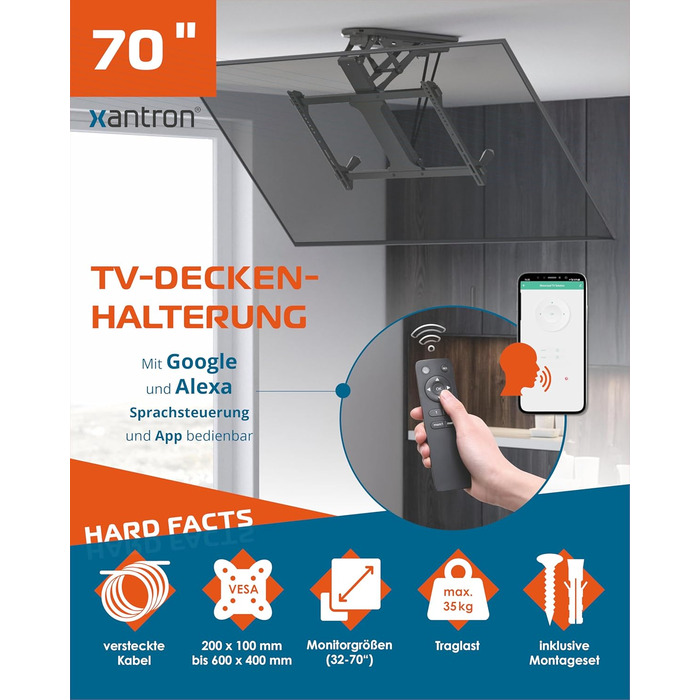 Електричний стельовий кронштейн для телевізора Xantron DEHA-600E 32-70 дюймів VESA до 600x400 мм, до 35 кг з пультом