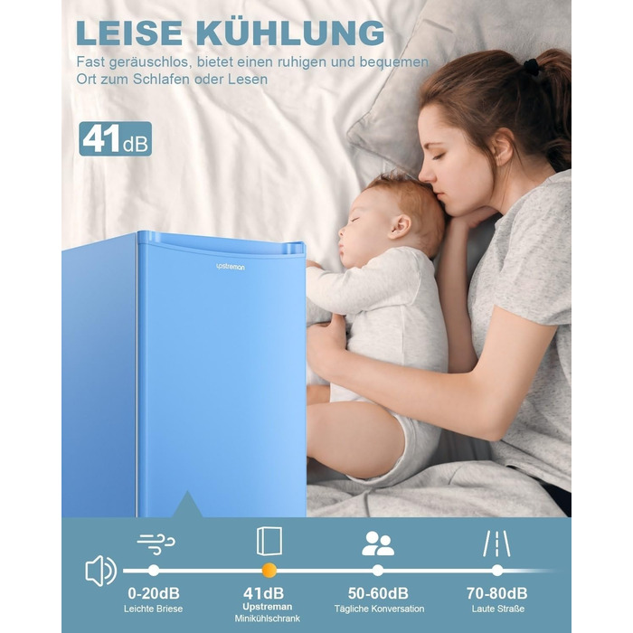 Upstreman 91L Міні-холодильник з функцією швидкого охолодження, 5 температурних режимів (1-8°C), енергоефективний, 41 дБ, компактний та місткий для студентського гуртожитку/офісу, BR321- (Блакитний)