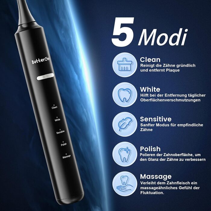 Електрична зубна щітка Betterchoi з магнітною левітацією, 41 000 VPM, 4 насадки, IPX7, 180 днів роботи від акумулятора, 5 режимів, таймер, чорний колір
