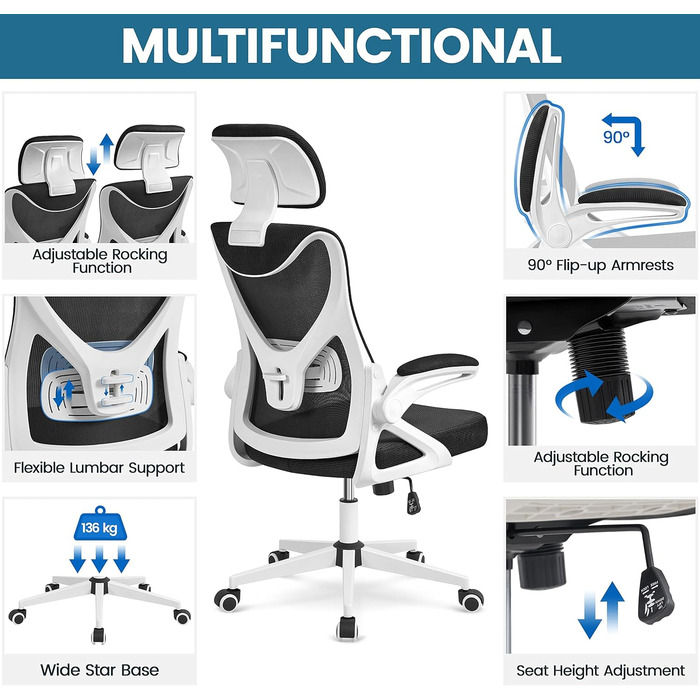 Ергономічне крісло Yaheetech для офісу, крісло до комп'ютерного столу з підйомними підлокітниками, обертове крісло зі спинкою та регульованою підголівником, крісло для начальника з функцією гойдання, до 136 кг, білий/чорний