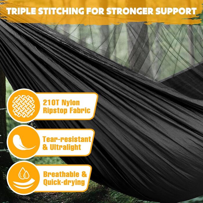 Гамак для кемпінгу NatureFun з москітною сіткою | Макс. навантаження 300 кг, 290 x 140 см | Швидковисихаючий нейлон, повний комплект, чорний