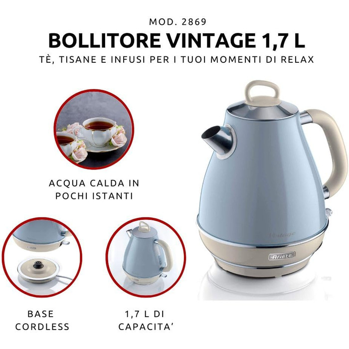 Ariete Vintage Blue Electric Kettle - 1.7L Stainless Steel, 2000W with 360° Swivel Base & Water Level Indicator