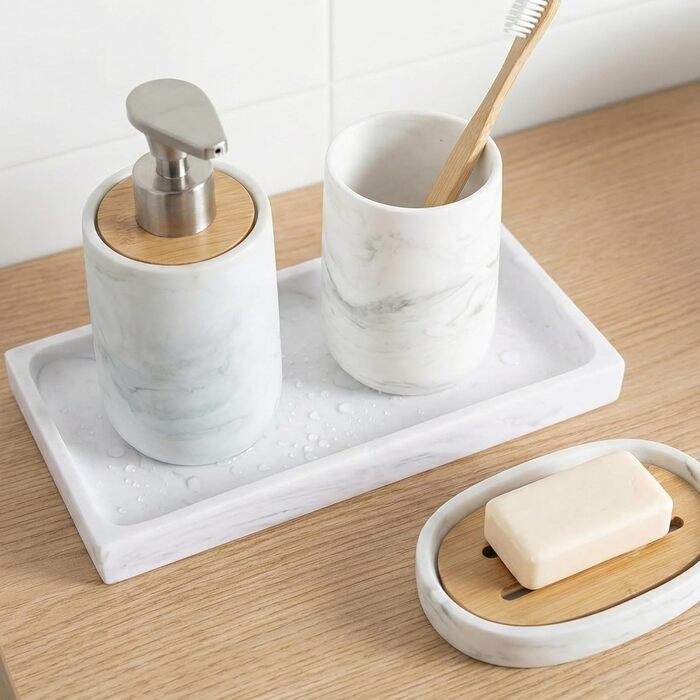 Набір для ванної кімнати 4 предмети з піддоном - дозатор для мила (цинковий сплав), стакан для зубних щіток, мильничка та поличка - мармуровий малюнок, бамбук - сучасний органайзер Marble