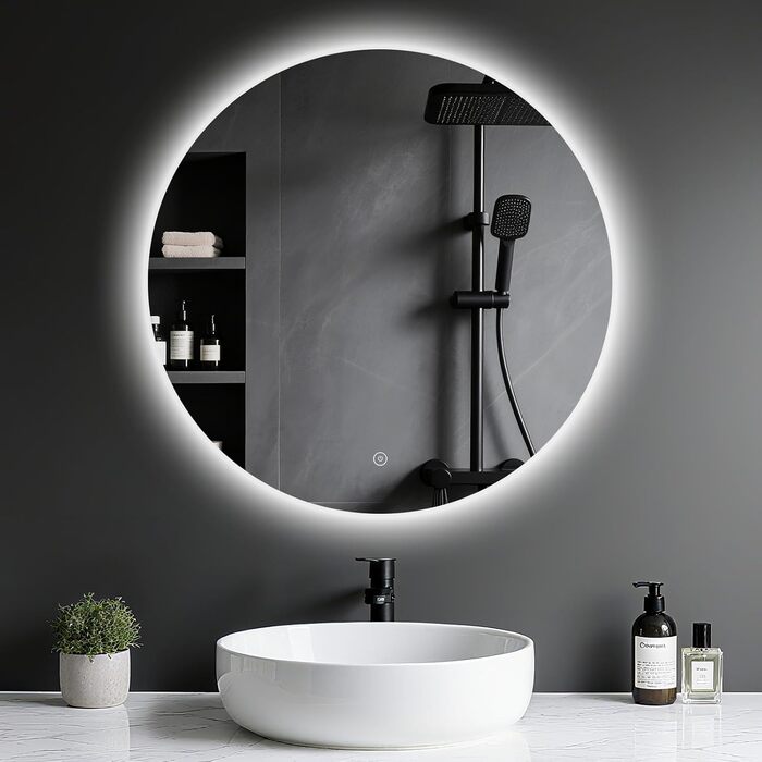 Дзеркало для ванної кімнати з підсвічуванням LED, антизапотівання, сенсорне управління, регулювання яскравості, 3 кольори світла, функція пам'яті, захист від вибуху, кругле дзеркало 50 см (діаметр), 60x60 см (розміри)