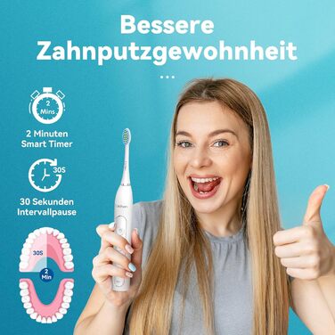 Електрична звукова зубна щітка Lächen Sonic RM-T8B з 4 насадками, таймером, 3 режимами та 3 рівнями вібрації, білий