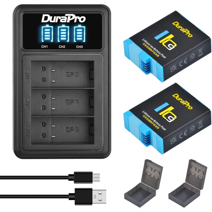 Акумулятор DuraPro 2X + LED зарядний пристрій 3-слоти USB Type-C для GoPro Hero 12/11/10/9 Black