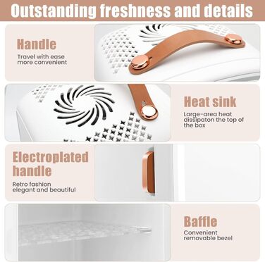 Міні-холодильник KFO Ultra-тихий (20 дБ) з LED-дзеркалом для косметики та напоїв, 220V AC/ 12V DC, термоелектричне охолодження та нагрівання, білий (6 л)