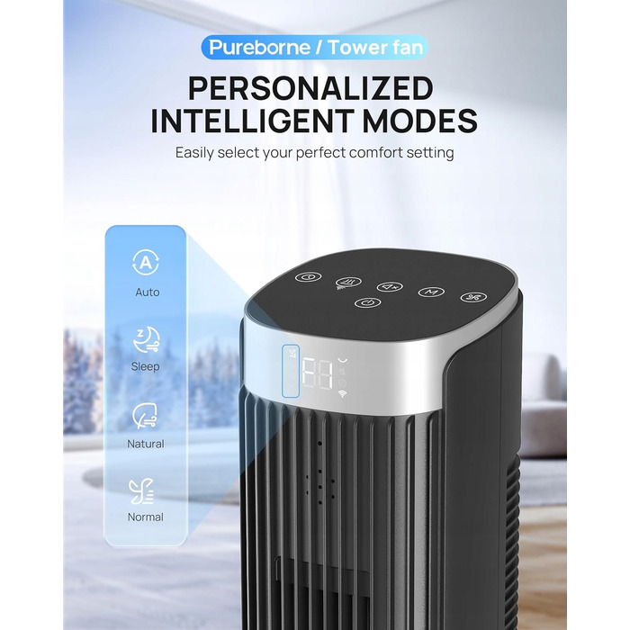 Безшумний вежаний вентилятор Pureborne 102 см, поворотний на 90°, з пультом та підтримкою додатка
