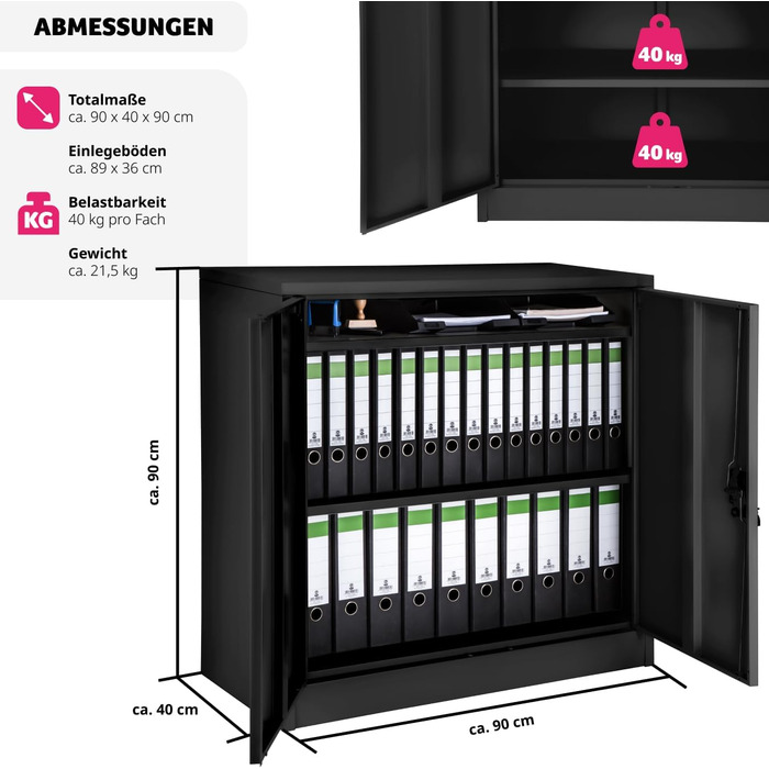 Металевий офісний шафа Tectake з замком, 3 полиці, 90x40x90 см, чорний