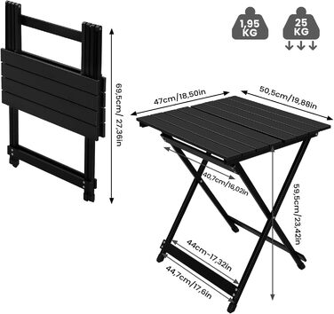 Складний алюмінієвий стіл WOLTU для кемпінгу, саду, балкону та тераси 50.5x59.5x47 см, чорний