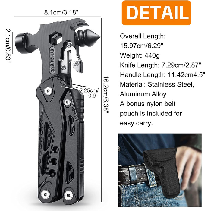 Мультитул 33 в 1 для чоловіків: молоток, плоскогубці, ніж, викрутка. Ідеальний для кемпінгу, надзвичайних ситуацій та виживання на природі