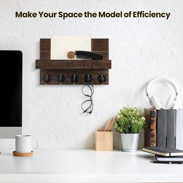Wall-Mounted Key Holder – 24.9 x 17 x 10.7 cm, Decorative Wall Shelf with Hooks for Keychains, Dog Leash, Wallet, Purse – Real Paulownia Wood, Entryway Shelf for