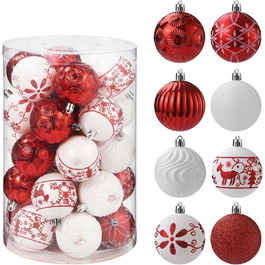 34 штуки прикрас для ялинки: пластикові кулі, ялинкові прикраси з стрічкою, набір з оленями, біло-золотий та червоний кольори
