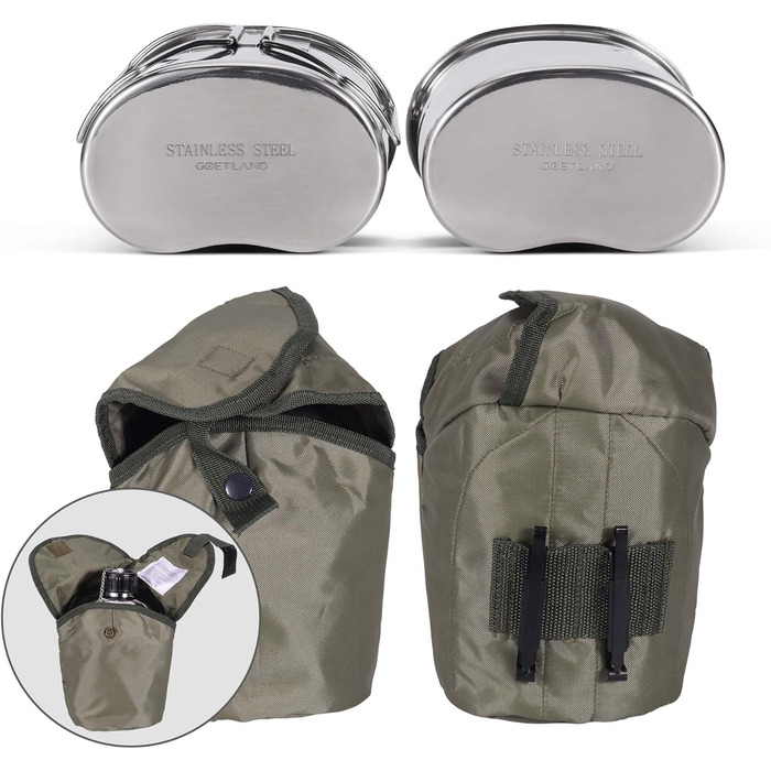 Goetland Stainless Steel US Military Field Bottle Set 1.2l with 0.6l Cup Nylon Bag Water Bottle Cooking Pot Camping Cup