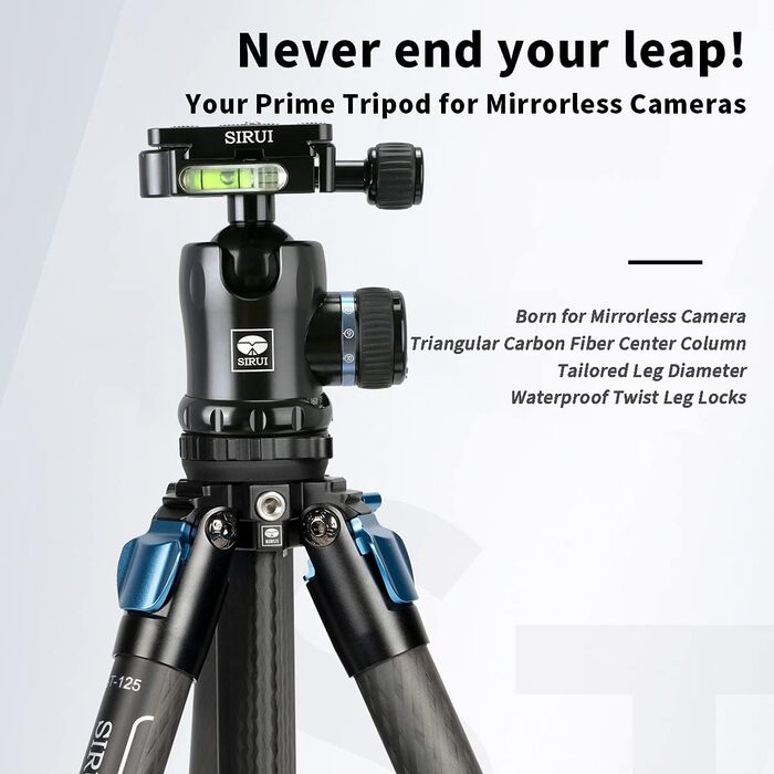 Штатив SIRUI ST-125+K10X з вуглецевого волокна, з відео-головкою для панорамної зйомки, трикутною центральною колоною, для DSLR, 4 секції, 166см, 3KG