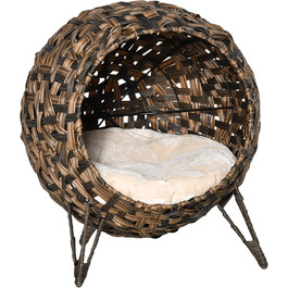 PawHut Rattan Cat House with Cushion, Cat Sleeping Place, Cat Cave with Raised Feet, Natural Ø52 x 58 cm (Brown)