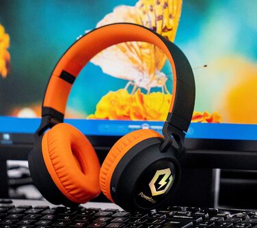 Дитячі навушники PowerLocus Bluetooth Over-Ear з LED-підсвіткою та обмеженням гучності 85dB. Бездротові та провідні, з мікрофоном для телефону, планшета, ПК, ТВ (Помаранчеві)