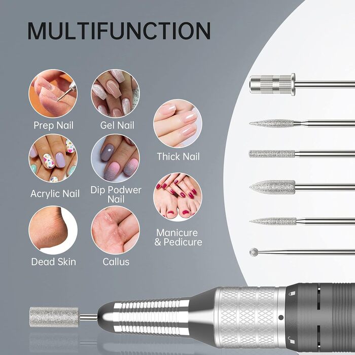 Електрична нігтьова фрезер Kredioo з LED-дисплеєм та 6 насадками для гель та акрил (35000 об/хв)