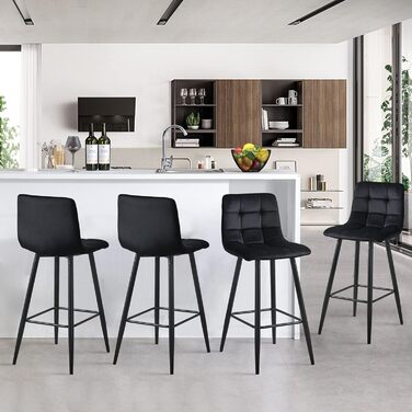 Velvet Bar Stools Set of 2 - Black Bar Chairs with Backrest, 66cm Seat Height, 50x45x94cm - Modern Counter Stools for Kitchen Island