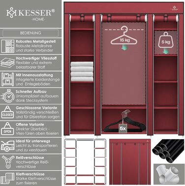 KESSER® Wardrobe Clothes Rack Stable with Clothes Rail & Shelves, Incl. 5x Clothes Hangers, Fabric Folding Wardrobe for Bedroom, Dressing Room, Clothes Rack 150x45x175cm (Burgundy Red)