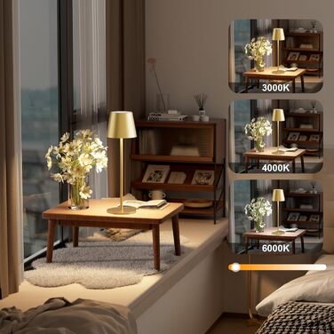 LED настільна лампа K-Bright з регулюванням яскравості, акумуляторна, бездротова, 3000K/4000K/6000K, 3 колірні температури, USB-C, IP54, чорна