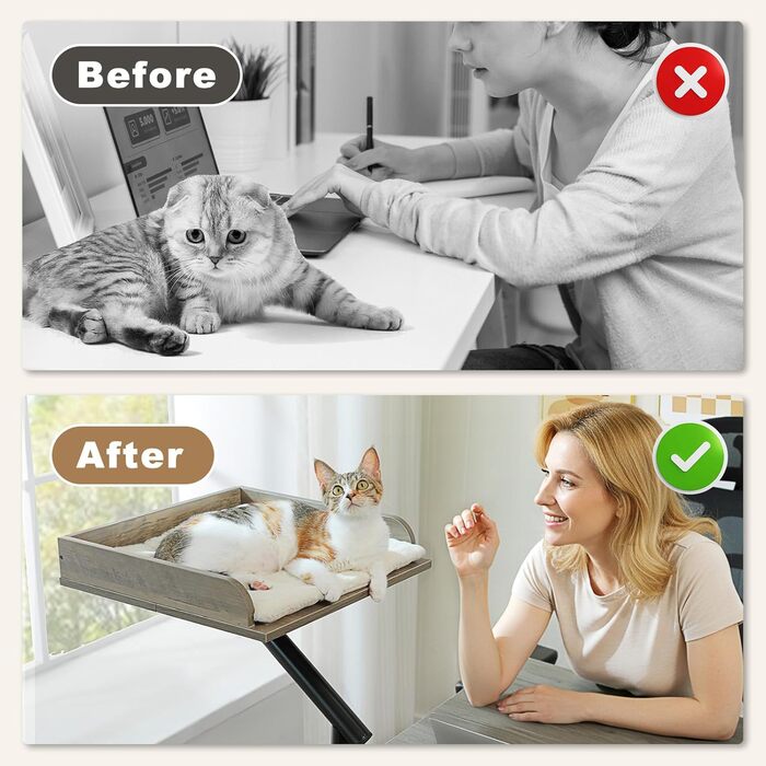 Кігтечка-ліжко для котів PAWZ Road з інтерактивним м'ячиком, крутиться на 360°, підходить для ваги до 22.5 кг (сірий, прямокутне дерев'яне ліжко)