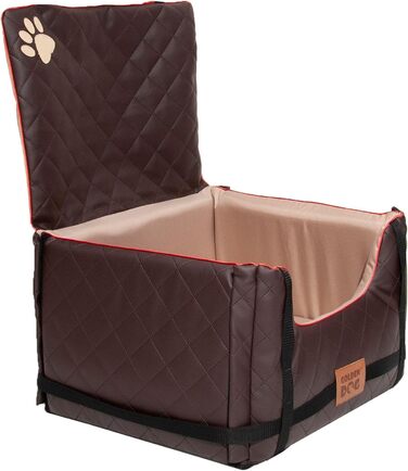 Автомобільний лежак для собак Golden Dog - безпечний транспортувальний бокс з ременями безпеки, 52x44x33 см, коричневий, з водонепроникної шкіри