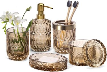 EMPO 6-Piece Clear Glass Bathroom Accessories Set (Lotion-Soap Dispenser, Soap Dish, Toothbrush Holder, Cup, Cotton Swab Holder), Modern Decoration, Crystal Vintage Gift (Oceanente) (6 Pieces Brown)