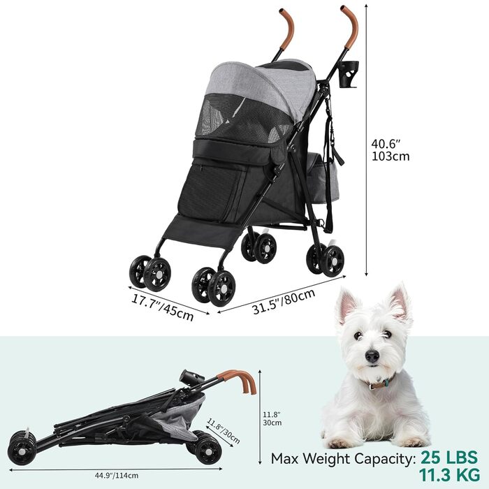 Візок для собак YITAHOME - переноска для тварин до 11,3 кг, з сіткою, тримачем для напоїв та кошиком, для собак та котів (сірий/чорний)