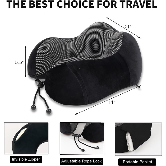 Подушка для шиї у літак – Memory Foam, Зручна подушка для подорожей, Авто, Поїзд, Автобус, Ергономічна, Дихаюча, З чохлом для зберігання