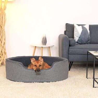 Lionto Dog Bed with Reversible Cushion and Washable Cover, Stable Dog Basket with Anti-Slip Studs, 92x72 cm, Cozy Pet Bed for Dogs and Cats with Plush, Grey