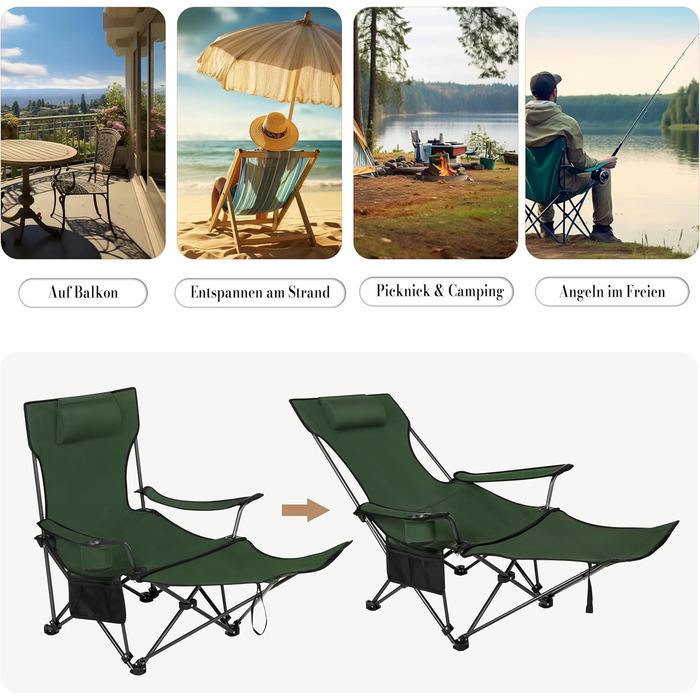Набір кемпінгових стільців WOLTU 2 шт. з підставкою для ніг, пляжний стілець-трансформер, стілець для риболовлі з підсклянником та сумкою для зберігання (Зелений)