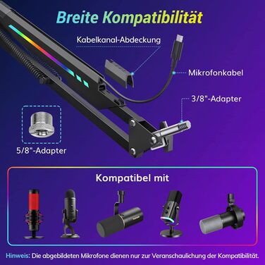 Кріплення для мікрофона TONOR T90 з RGB підсвічуванням, регульоване через APP, 11 режимів світла, сумісне з усіма мікрофонами