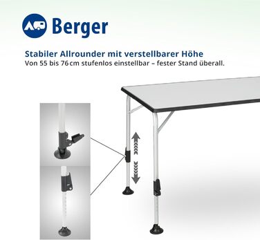 Стіл кемпінговий розкладний BERGER Ivalo 2, 115x70 см, алюмінієвий, регульована висота, для саду, балкону, тераси, сірий