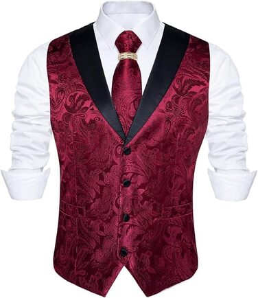 Костюмний жилет DiBanGu (5 шт.): жилет, краватка, нагрудна хустинка, запонки, кільце для краватки. Зелений/Чорний (L, Бордовий)