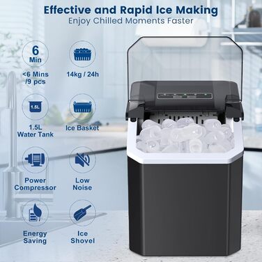 Льодогенератор Ice Cube Maker 12 кг/24 год, швидке виробництво льоду (6-8 хв), 2 розміри кубиків льоду, самоочищення, чорний