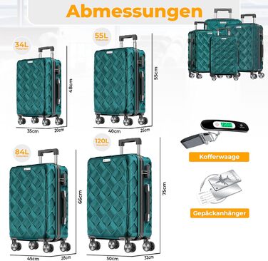 Набір валіз KESSER® 4 в 1 | Валізи з ABS, кодований замок, ваговою вагою та органайзером для подорожей | Ручна та велика валіза для бізнесу та подорожей, Petrol