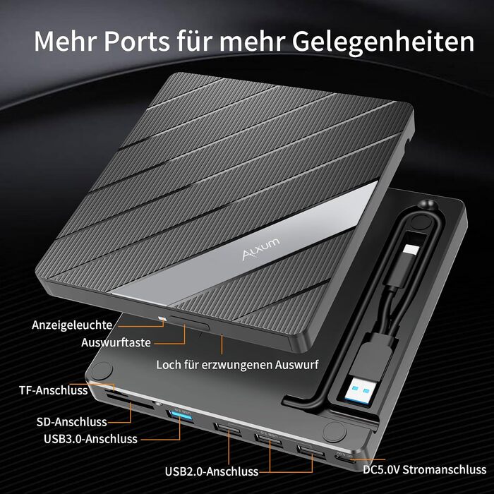 Зовнішній DVD-привід Alxum USB-C 3.0 та USB: CD/DVD плеєр і записувач для ноутбука з картридером SD/TF та додатковим USB-портом, Plug & Play, чорний