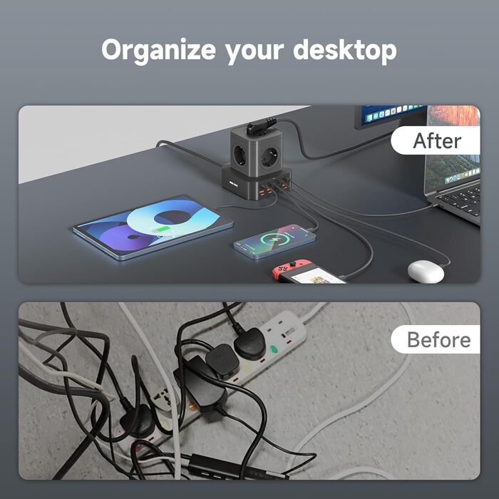 Мережевий фільтр з USB-портами Power Tower - зарядний станція для дому, офісу та студентів. 5 розеток AC, 8 USB (4 USB-C), 2м кабелю, захист від перевантаження